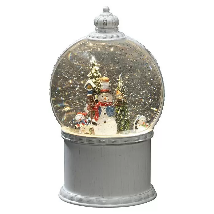 Konstsmide LED-Schneelaterne Schneemann mit Baum - Innen, Altweiß, 12,5 x 12,5 x 21 cm, Schneemann mit Christbaum, Batteriebetrieben - Weiße Schneekugel mit krönchenartiger Spitze, Schneemännern, Tannenbäumen und glitzerndem Inhalt. Weißer, texturierter Sockel.