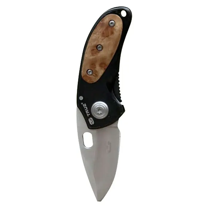 True Utility Taschenmesser Jacknife TU576K - Edelstahl 420 - Das Bild zeigt ein Klappmesser mit einem Holzgriff und einer silbernen Klinge.