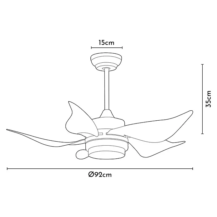 Arte confort Ventilador de techo Nevis - Blanco, 92 cm, Multicolor - Ilustración de un ventilador de techo de tres palas, con dimensiones indicadas para diámetro (92cm), altura (35cm) y dosel (15cm).