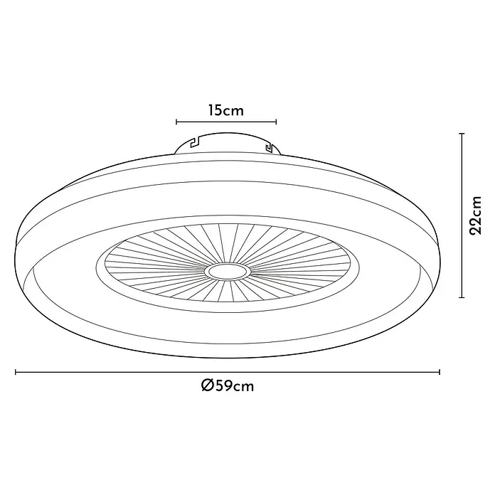 Arte confort Ventilador de techo Nairobi - Blanco, 59 cm, 16,5 W, Blanco neutro - Esquema de una lámpara de techo redonda con dimensiones de 59 cm de diámetro y 22 cm de altura.