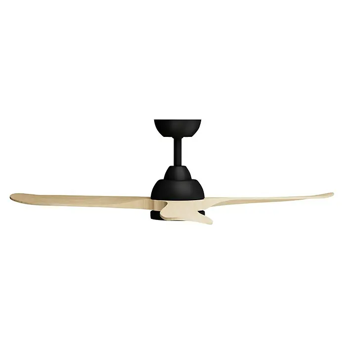 Arte confort Ventilador de techo Nata - Negro/Marrón, 132 cm, 35 W, Blanco neutro - Un elegante ventilador de techo con aspas de madera clara y un soporte negro elegante, que añade un toque moderno a cualquier habitación.
