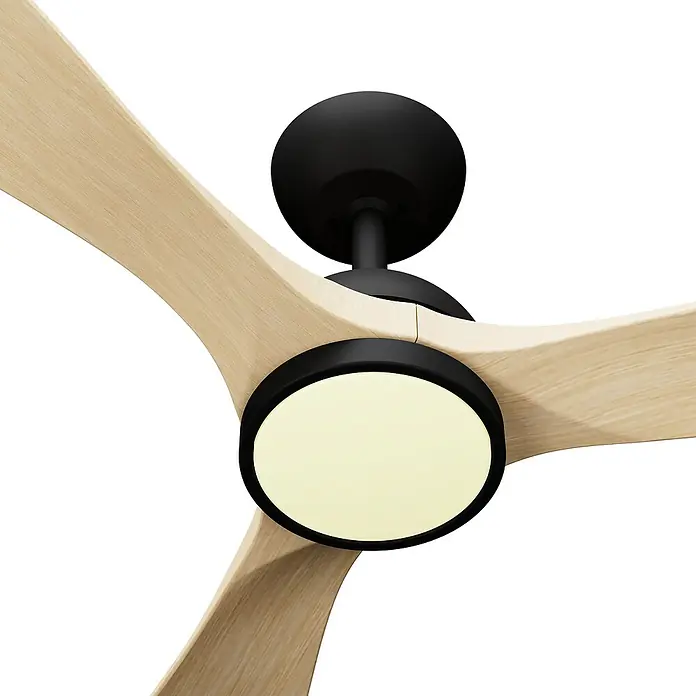 Arte confort Ventilador de techo Nata - Negro/Marrón, 132 cm, 35 W, Blanco neutro - Primer plano de un ventilador de techo moderno con aspas de madera y luz redonda negra.