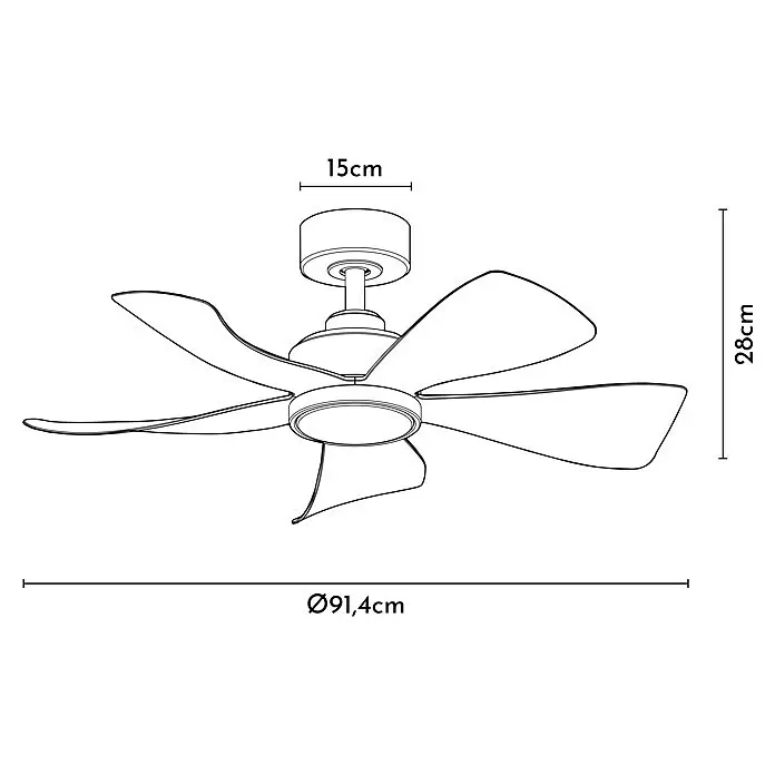 Arte confort Ventilador de techo Zoe - Blanco mate, 91,4 cm, 35 W, Blanco neutro - Dibujo lineal de un ventilador de techo de seis aspas. Mide 91,4 cm de diámetro, 28 cm de alto y la base 15 cm de ancho.