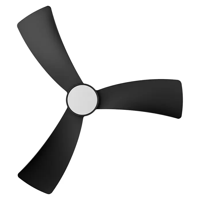Arte confort Ventilador de techo Celia - Negro, 91,4 cm, 16 W, Blanco neutro - Primer plano de un ventilador de techo con tres aspas de rotor negras y un cubo blanco, sobre un fondo negro.