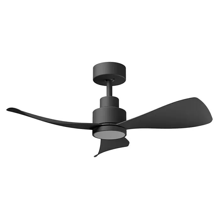 Arte confort Ventilador de techo Celia - Negro, 91,4 cm, 16 W, Blanco neutro - En la imagen, un ventilador de techo negro con tres aspas curvas e iluminación integrada para una iluminación elegante del espacio.