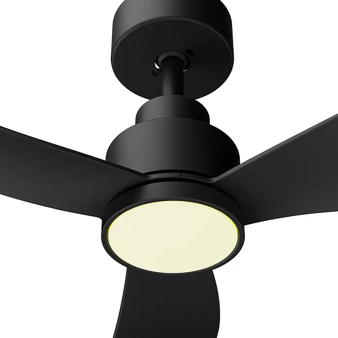 Arte confort Ventilador de techo Celia - Negro, 91,4 cm, 16 W, Blanco neutro - Primer plano de un moderno ventilador de techo negro con iluminación LED integrada. El diseño elegante encajará perfectamente en cualquier habitación.