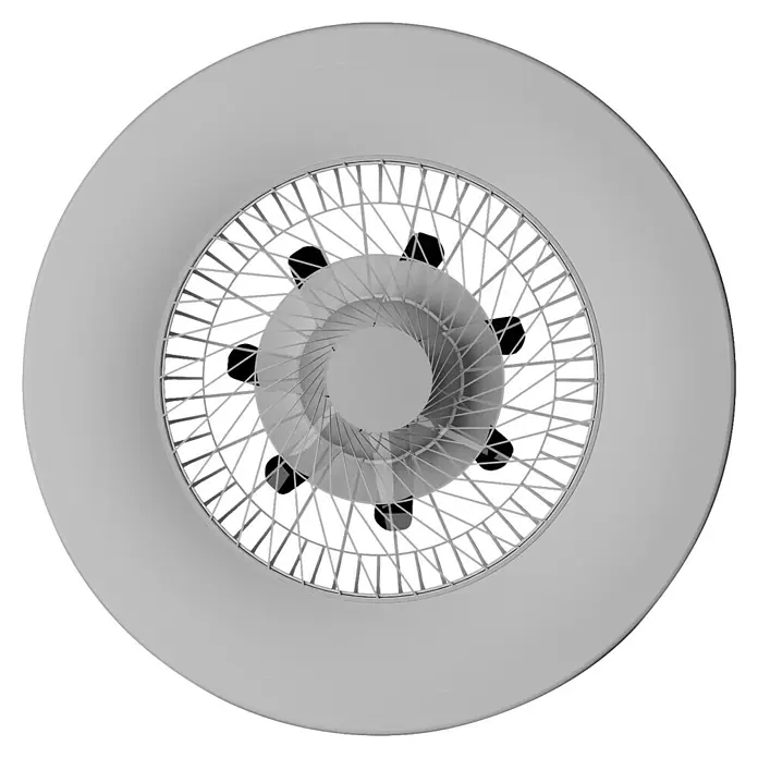Arte confort Ventilador de techo Bianca - Blanco, 58,5 cm, 17 W, Blanco neutro - Vista detallada de una moderna lámpara de techo redonda con un diseño de celosía y un componente de ventilador central.