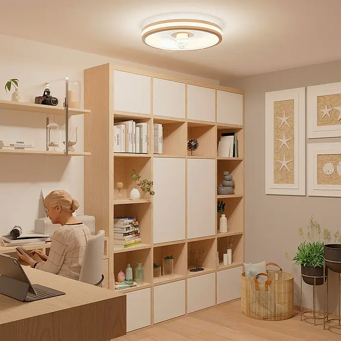 Arte confort Ventilador de techo Cris - Blanco/Madera, 50 cm, 17 W, Blanco neutro - Ventilador de techo con marco de madera clara y lámpara integrada, perfecto para un estudio moderno o sala de estar.