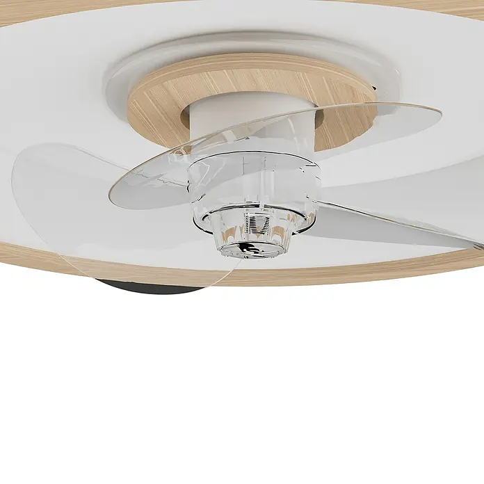 Arte confort Ventilador de techo Cris - Blanco/Madera, 50 cm, 17 W, Blanco neutro - Primer plano de un ventilador de techo con aspas transparentes y detalles en madera, mostrando un diseño moderno.