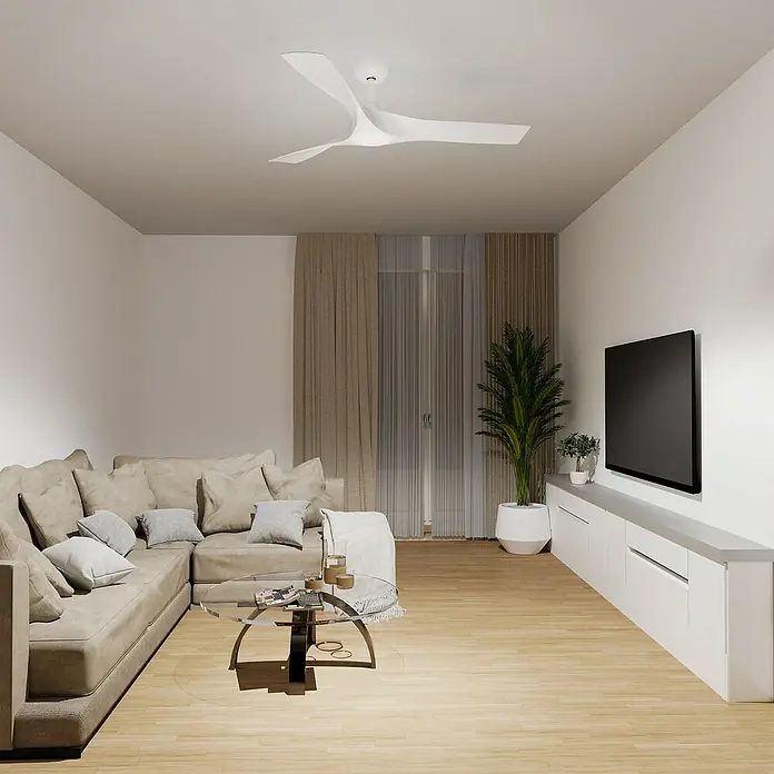 Arte confort Ventilador de techo Paula - Blanco, 142 cm, 35 W, Blanco neutro - Salón con un ventilador de techo moderno. El ventilador blanco es un elemento llamativo y garantiza una circulación de aire agradable.