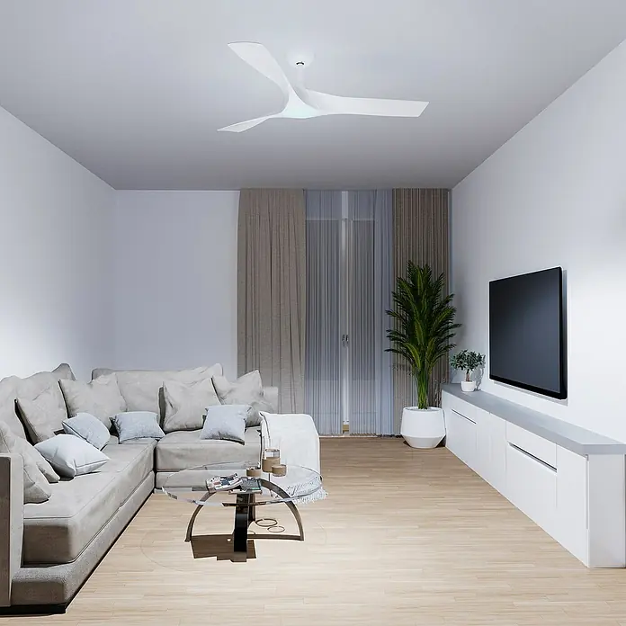 Arte confort Ventilador de techo Paula - Blanco, 142 cm, 35 W, Blanco neutro - Un salón moderno con un elegante ventilador de techo blanco que proporciona una brisa refrescante.