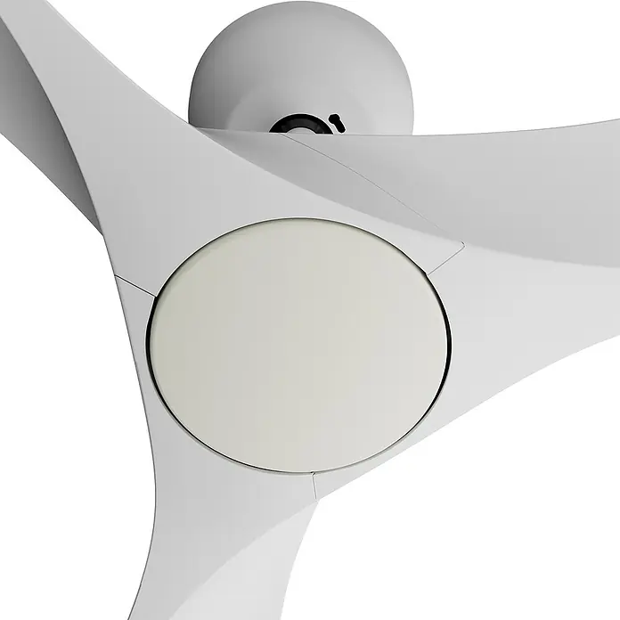 Arte confort Ventilador de techo Paula - Blanco, 142 cm, 35 W, Blanco neutro - Primer plano de un moderno ventilador de techo blanco con lámpara redonda integrada. Un elemento de iluminación y ventilación elegante para cualquier habitación.
