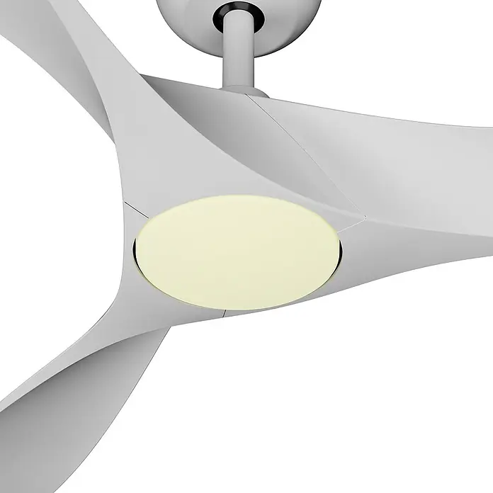 Arte confort Ventilador de techo Paula - Blanco, 142 cm, 35 W, Blanco neutro - Primer plano de un moderno ventilador de techo blanco con luz redonda integrada, que emite un brillo cálido.