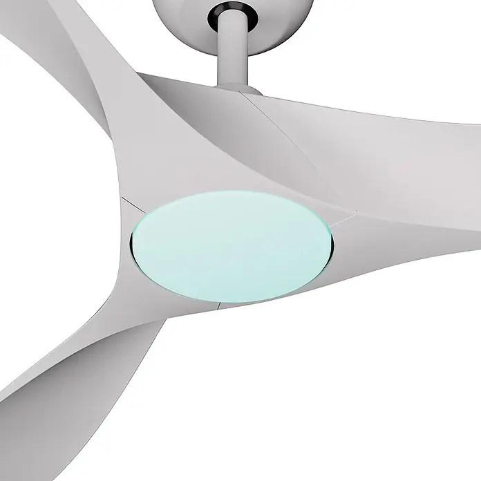 Arte confort Ventilador de techo Paula - Blanco, 142 cm, 35 W, Blanco neutro - Primer plano de un ventilador de techo blanco moderno con una luz LED redonda integrada que emite un resplandor verde claro brillante.
