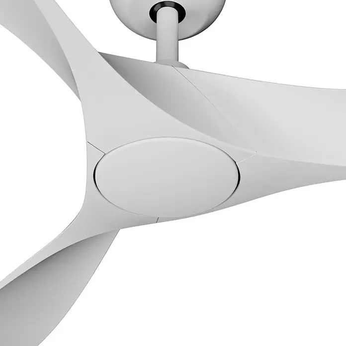 Arte confort Ventilador de techo Paula - Blanco, 142 cm, 35 W, Blanco neutro - Primer plano de un moderno ventilador de techo blanco con aspas curvas y una cubierta central redonda.