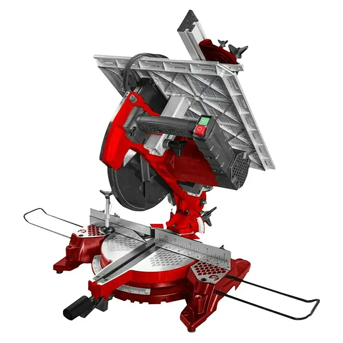 Einhell Sierra ingletadora TC-MS 3017 T - 2.000 W, Diámetro hoja de sierra: 305 mm, Número de revoluciones de marcha en vacío: 0 r.p.m. - 4.200 r.p.m. - Imagen de una sierra ingletadora compuesta roja sobre un fondo negro. Herramienta de precisión para cortar madera y otros materiales.