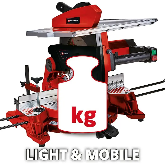 Einhell Sierra ingletadora TC-MS 3017 T - 2.000 W, Diámetro hoja de sierra: 305 mm, Número de revoluciones de marcha en vacío: 0 r.p.m. - 4.200 r.p.m. - Imagen del producto de una cortadora de azulejos Einhell con el lema "LIGERA & MÓVIL".