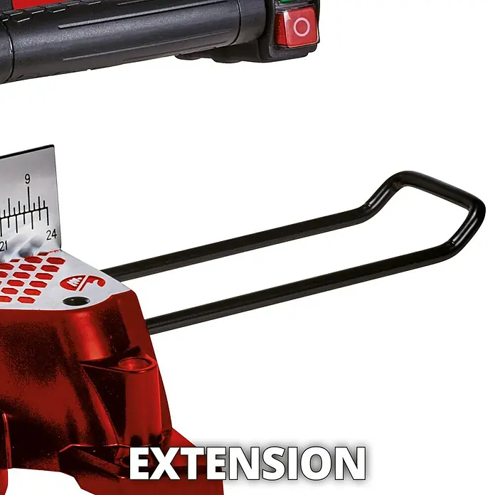 Einhell Sierra ingletadora TC-MS 3017 T - 2.000 W, Diámetro hoja de sierra: 305 mm, Número de revoluciones de marcha en vacío: 0 r.p.m. - 4.200 r.p.m. - Vista detallada de una extensión de máquina roja con una barra negra y marcas de medición.