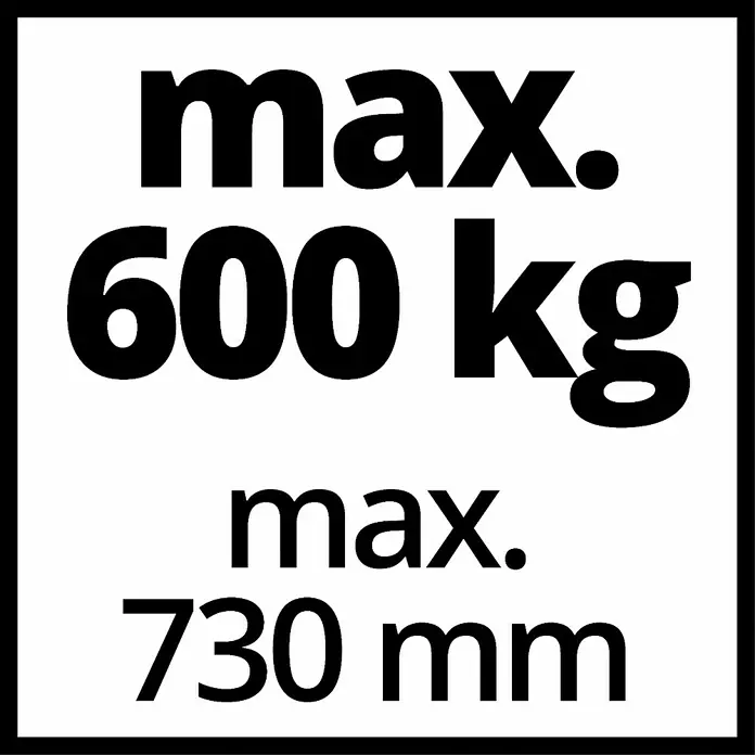 Einhell Brazo oscilante SA 1100 - Radio de giro: 180 ° - Imagen de una señal que indica "max. 600 kg" y "max. 730 mm", ilustrando los límites máximos de peso y tamaño de los productos.