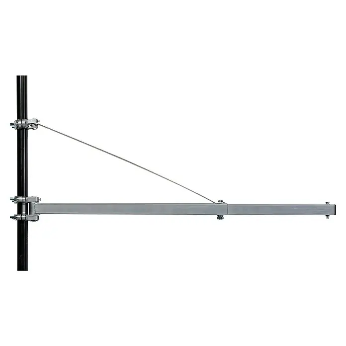 Einhell Brazo oscilante SA 1100 - Radio de giro: 180 ° - Primer plano de un soporte de andamio, con un brazo plateado y un refuerzo, fijado a un poste vertical de soporte.