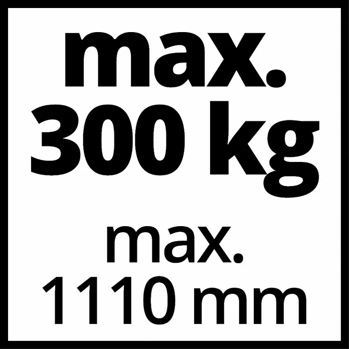 Einhell Brazo oscilante SA 1100 - Radio de giro: 180 ° - Señal indicando un límite de peso máximo de 300 kg y una longitud máxima de 1110 mm, en letras negras.
