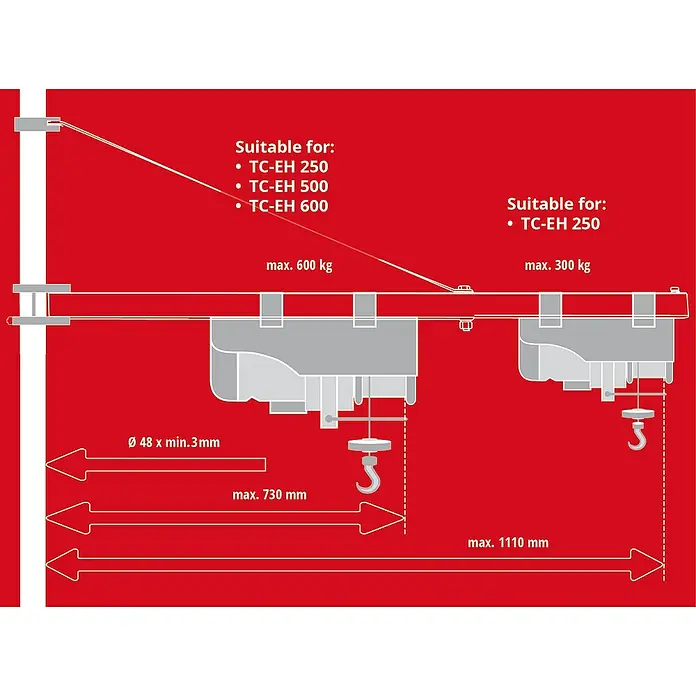 Einhell Brazo oscilante SA 1100 - Radio de giro: 180 ° - Dibujo técnico de un sistema de transporte con especificaciones de dimensiones, capacidad de carga y compatibilidad con TC-EH 250, 500 y 600.