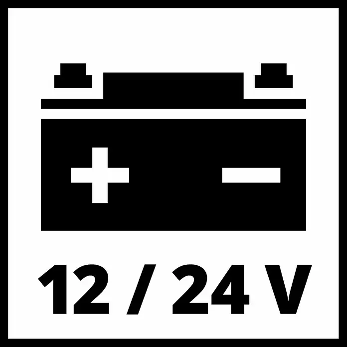 Einhell Pinzas para batería BT-BO 16/1 A - Pinzas de carga aisladas - Imagen de una batería de coche de 12/24V, que indica el voltaje para varios vehículos. El símbolo es claro e informativo.