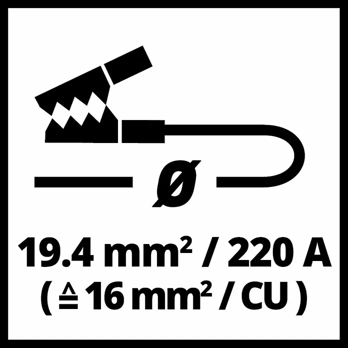Einhell Pinzas para batería BT-BO 16/1 A - Pinzas de carga aisladas - Símbolo de una pinza de cocodrilo con una especificación de 19,4 mm²/220 A y una equivalencia de cobre de aprox. 16 mm².