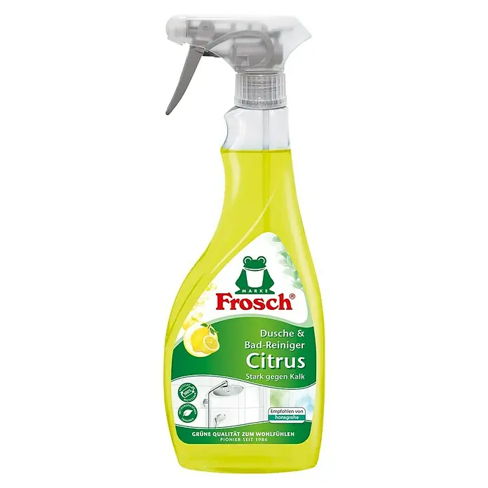 Frosch Dusche- & Badreiniger - 500 ml, Flasche mit Sprühkopf - Produktbild von Frosch Dusche & Bad Reiniger Citrus mit Sprühkopf und grün-gelbem Etikett.