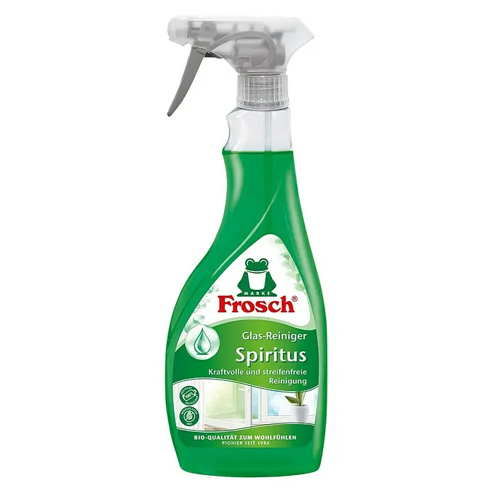 Frosch Glasreiniger Spiritus - 500 ml, Flasche mit Sprühkopf - Bild einer Frosch Glas-Reiniger Spiritus Sprühflasche, die für eine kraftvolle und streifenfreie Reinigung sorgt und umweltfreundlich ist.