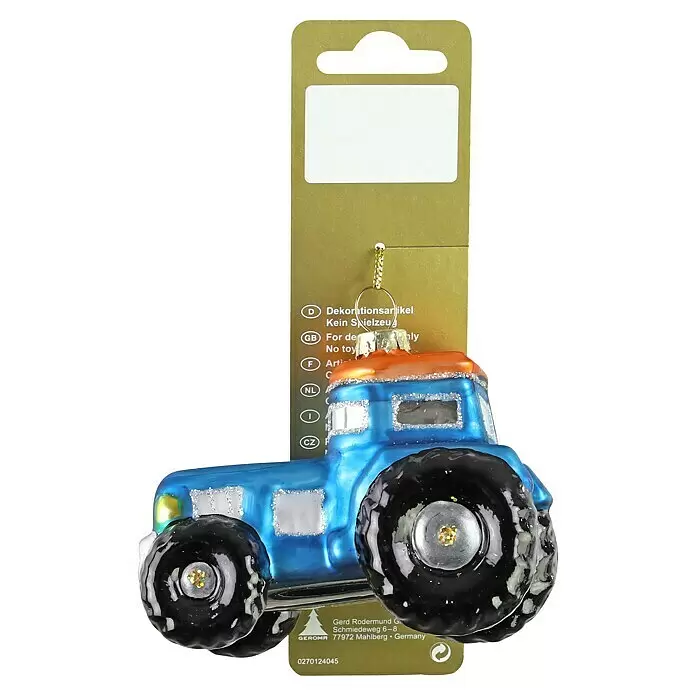 Christbaumschmuck Traktor - Glas, 9,3 x 5 x 6,5 cm - Glänzender blau-oranger Traktor-Weihnachtsanhänger.