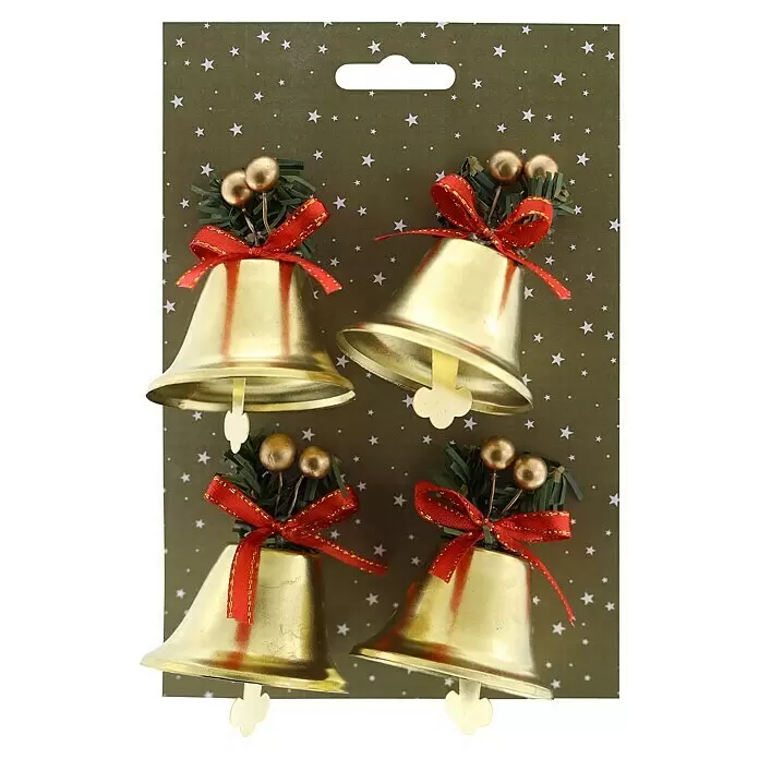 Christbaumschmuck Weihnachtsglöckchen - Gold, Metall, 4 Stk., 1 x 15 x 1 cm - Vier goldene Weihnachtsglocken mit roten Schleifen und grünem Blattwerk.