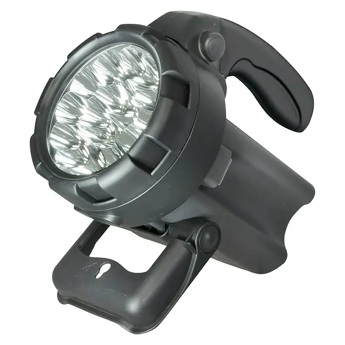 Xunzel Linterna recargable - 20,5 x 13 x 16,5 cm, 150 lm - Primer plano de un foco LED portátil negro recargable con asa y soporte, perfecto para uso en interiores y exteriores.