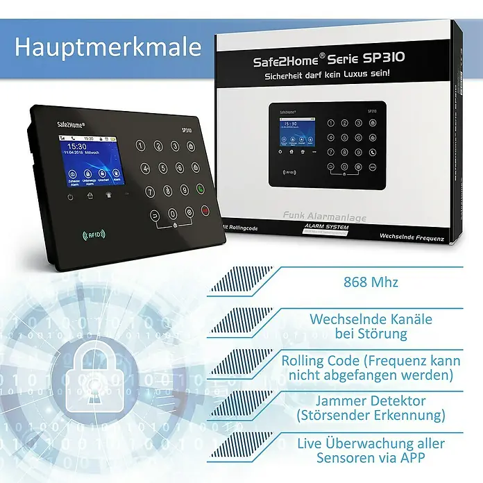 Safe2Home Fenstersensor SP310 - Passend für: Safe2Home Alarmanlage SP310, Reichweite ca.: 400 m - Safe2Home SP310 Alarmanlage mit Keypad und Verpackung. Das System bietet zuverlässigen Schutz mit moderner Technologie und einfacher Bedienung.