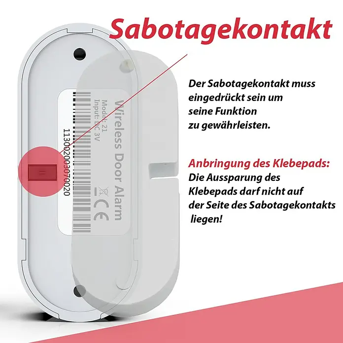 Safe2Home Fenstersensor SP310 - Passend für: Safe2Home Alarmanlage SP310, Reichweite ca.: 400 m - Darstellung eines weißen drahtlosen Türalarms mit Erklärungen zum Sabotagekontakt und zur Anbringung des Klebepads.