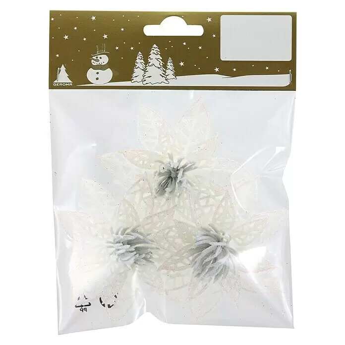 Dekoblüte Glitzer Weiß - Kunststoff, Weiß, Blume - Drei weiße Glitzer-Weihnachtssterne in transparenter Verpackung.