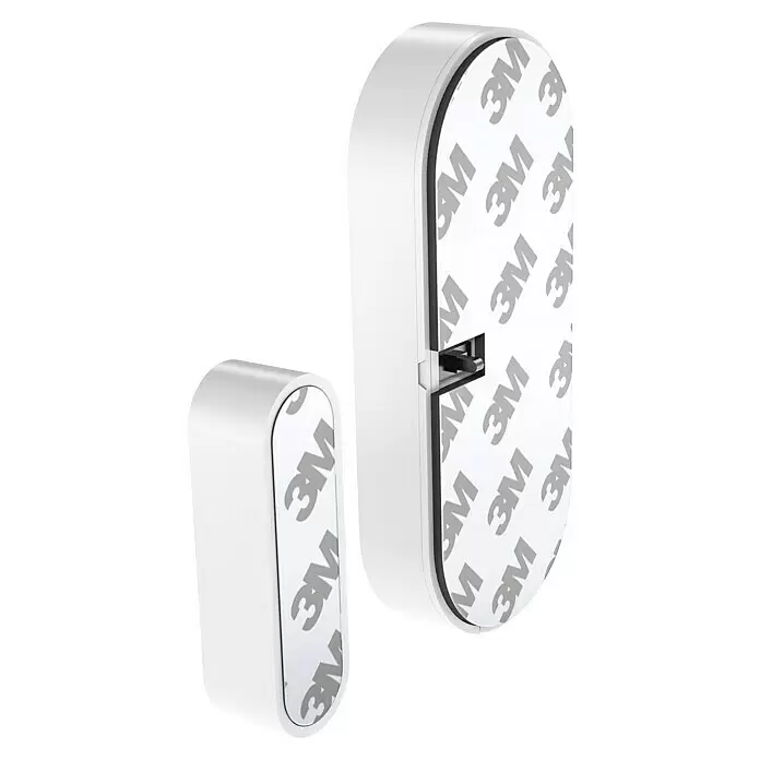 Safe2Home Sensor de ventana SP310 -  - Dos sensores inteligentes ovalados blancos con respaldo adhesivo 3M; uno muestra un contacto magnético negro.