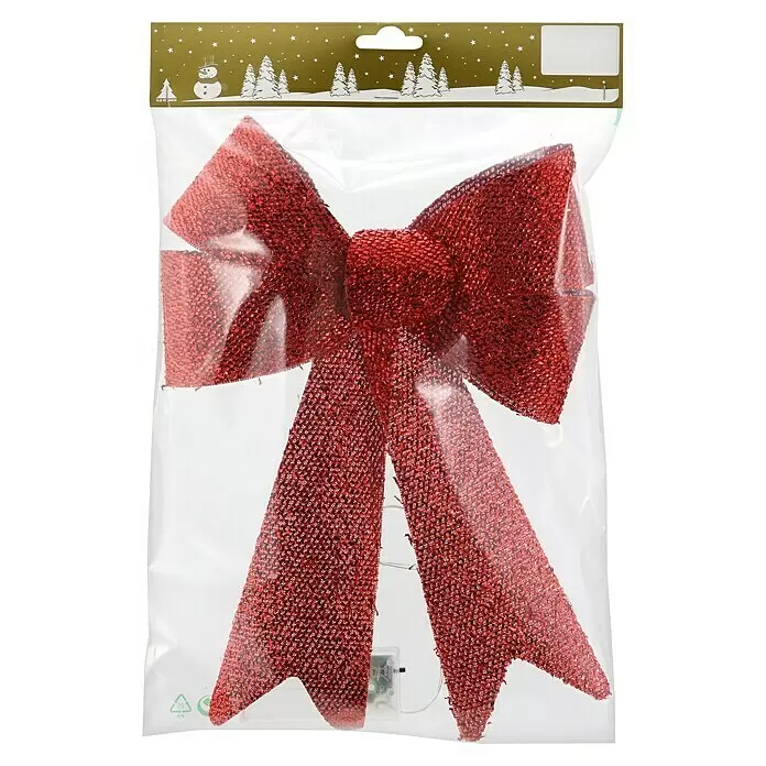 Geroma LED-Weihnachtsleuchte Schleife - L x B x H: 34 x 22 x 34 cm, Rot, Warmweiß - Rote Glitzer-Weihnachtsschleife in klarer Verpackung, möglicherweise mit Lichtern.