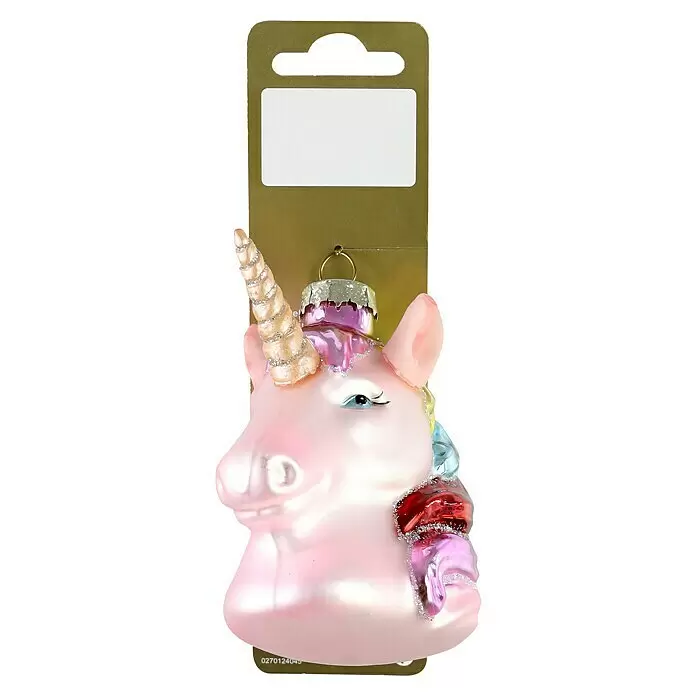 Christbaumschmuck Einhorn - Glas, 8 x 5,5 x 8,8 cm - Glänzender rosa Einhorn-Glasornament mit goldener Aufhängung.