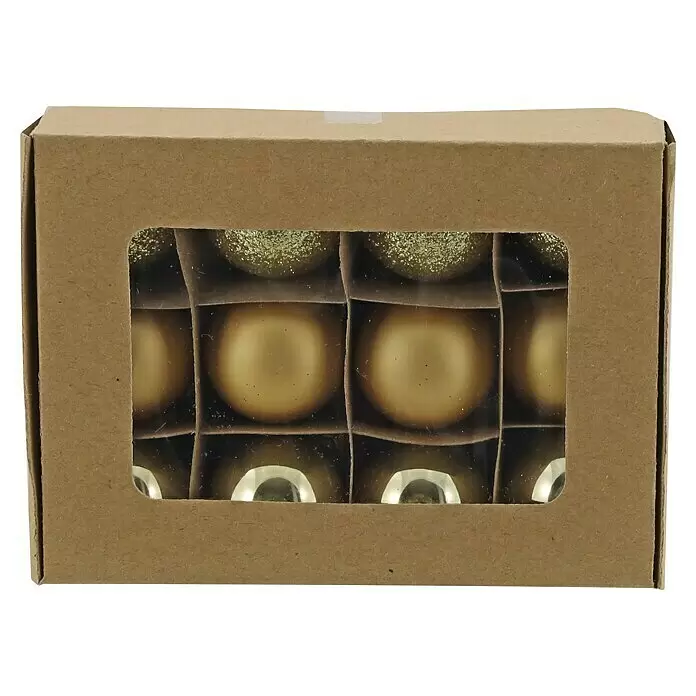 Christbaumkugel-Set - Gold, Glas, 12 Stk., Durchmesser: 3 cm - Zwölf goldene Weihnachtskugeln, glitzernd und matt, in einer Kartonschachtel mit Sichtfenster.