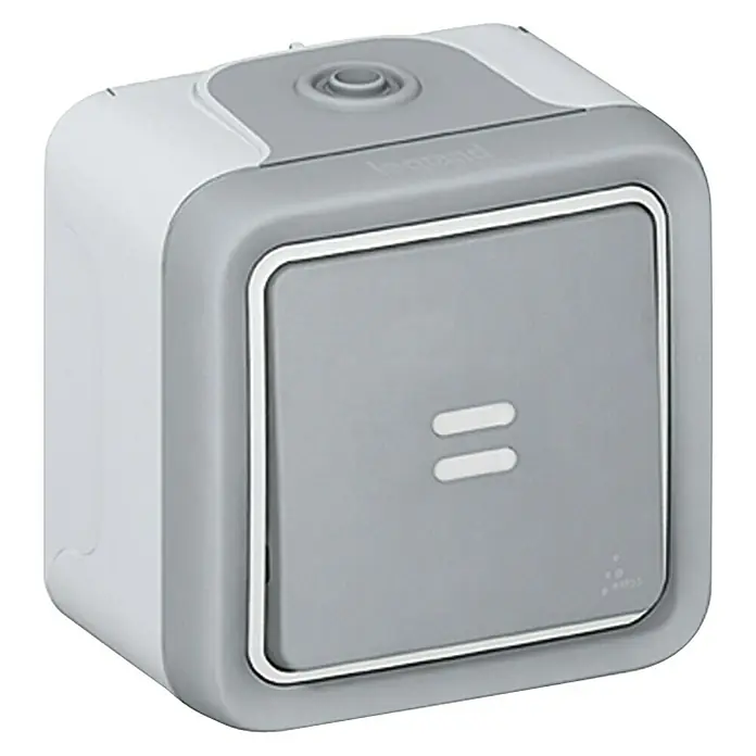 Legrand Plexo Pulsador para estancias con humedad con luz - Gris, Montaje en la pared, IP55 - Primer plano de un interruptor de luz Legrand con botón gris y carcasa blanca, ideal para interiores modernos.