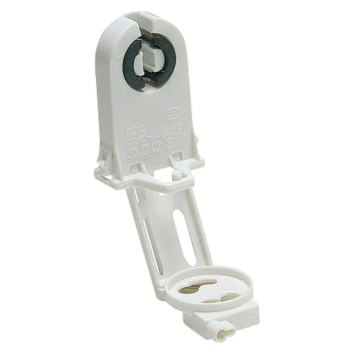 Famatel Casquillo para lámparas fluorescentes 192 - G13, Plástico, Blanco - Primer plano de un portalámparas G210 de plástico blanco, apto para 2/250V~, con elementos de montaje y varias marcas de certificación.