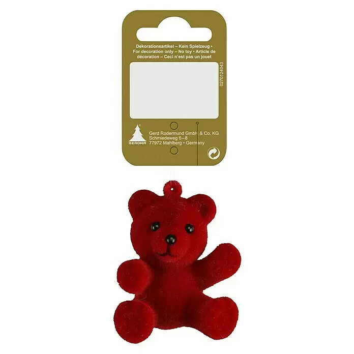 Christbaumschmuck Bär - Rot, Kunststoff, 1 Stk. - Roter, beflockter Teddybär-Ornament mit schwarzen Augen und Nase, Hängeschlaufe und Produktetikett.