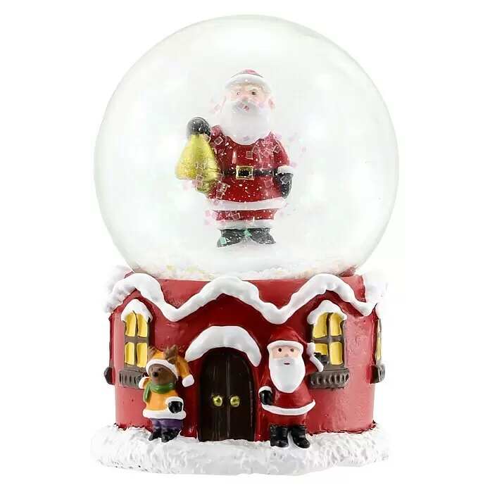 Schneekugel Schneemann - Ø x H: 4,5 x 6,5 cm, Glas, Schneemann - Weihnachtsschneekugel mit Weihnachtsmann im Glaskugel und rotem Hausboden mit kleineren Festtagsfiguren.