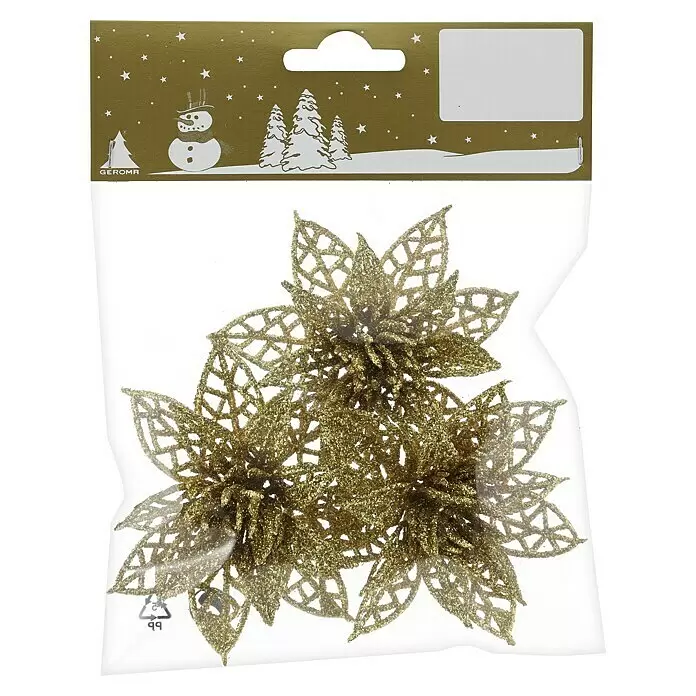 Geroma Dekoblüte - Durchmesser: 8,5 cm, Kunststoff, Gold - Goldene Glitzer-Netz-Weihnachtssterne als Dekoration in transparenter Plastikverpackung mit festlichem Goldkopf.