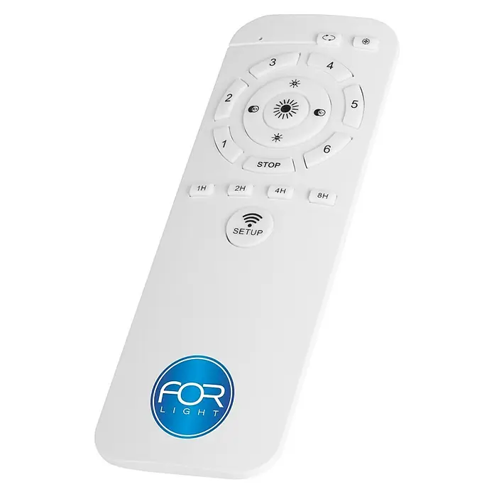 Leds-C4 Ventilador de techo Flip - Madera, 57,5 cm, 28 W - Primer plano de un mando a distancia blanco "FOR LIGHT" con numerosos botones para varios ajustes.