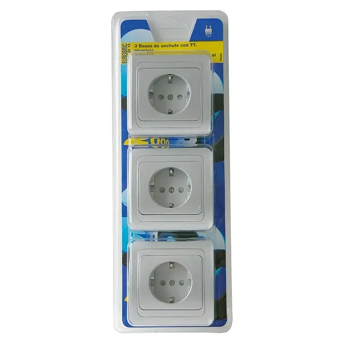 Eurobric 2000 Enchufe E-2 - Aluminio, Plástico, Instalar - Paquete de tres enchufes Eurobric para uso en interiores. Ideal para conexiones eléctricas, con acabado de aluminio.