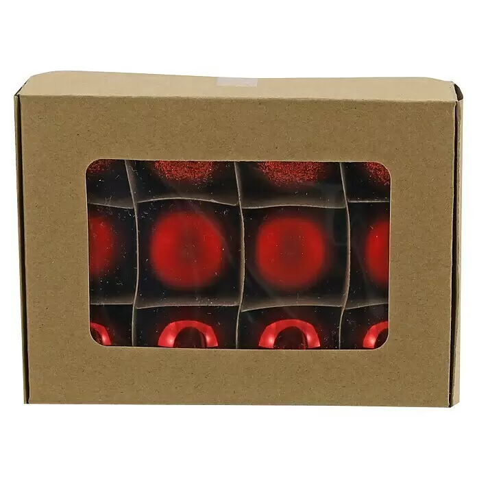 Christbaumkugel-Set - Rot, Glas, 12 Stk., Durchmesser: 3 cm - Brauner Karton mit Sichtfenster, das rote Weihnachtskugeln in einzelnen Fächern zeigt.
