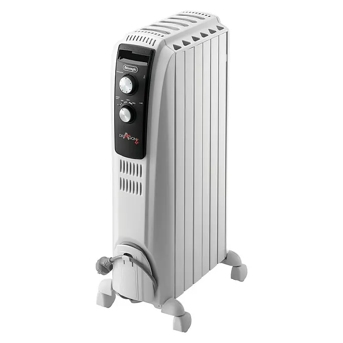 De'Longhi Radiador de aceite Dragon - 1.500 W, Blanco, L x An x Al: 36 x 16 x 65 cm - Imagen de un radiador de aceite blanco Delonghi Dragon 4, con controles y ruedas para una fácil movilidad.