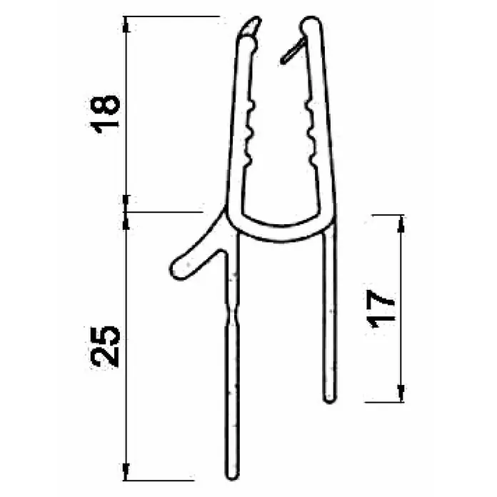 Perfil de sellado vierteaguas 2P 6-8 - L x An x Al: 100 x 3 x 4,3 cm - Imagen de un perfil de sellado que muestra las dimensiones de 18 mm, 25 mm y 17 mm, ideal para ventanas o puertas.